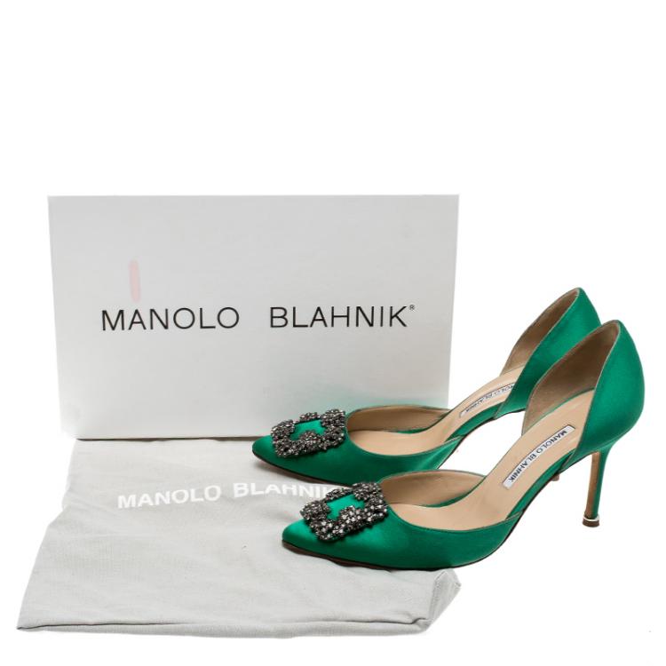 Pre Owned Manolo Blahnik Green Satin Hang Isido D'orsay Pumps Size 38 