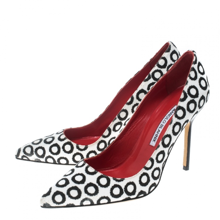 Pre Owned Manolo Blahnik Monochrome Circle Printed Canvas BB Pointed Toe Pumps Size 36.5