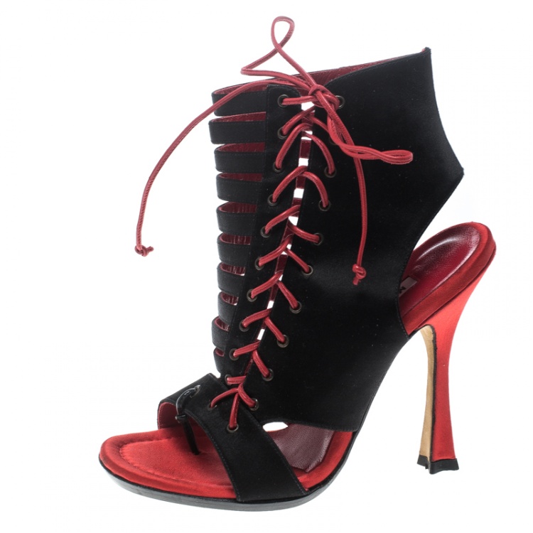 Pre Owned Manolo Blahnik Two Tone Satin and Leather Caged Booties Size 37