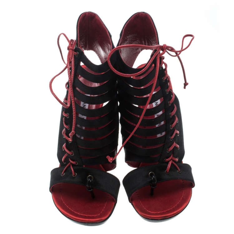 Pre Owned Manolo Blahnik Two Tone Satin and Leather Caged Booties Size 37