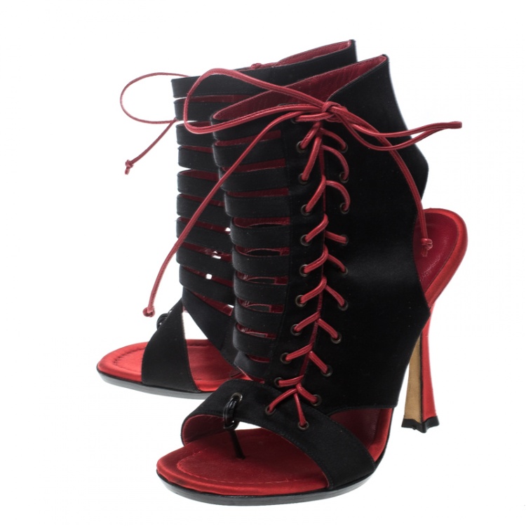 Pre Owned Manolo Blahnik Two Tone Satin and Leather Caged Booties Size 37