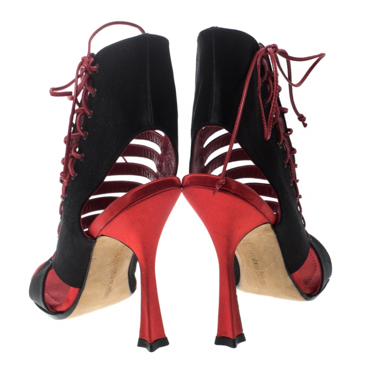 Pre Owned Manolo Blahnik Two Tone Satin and Leather Caged Booties Size 37
