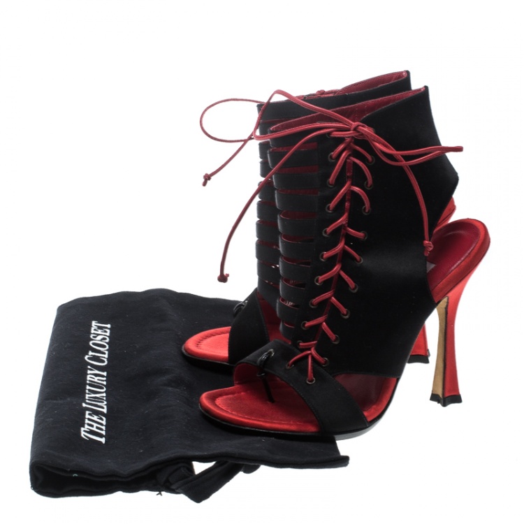 Pre Owned Manolo Blahnik Two Tone Satin and Leather Caged Booties Size 37