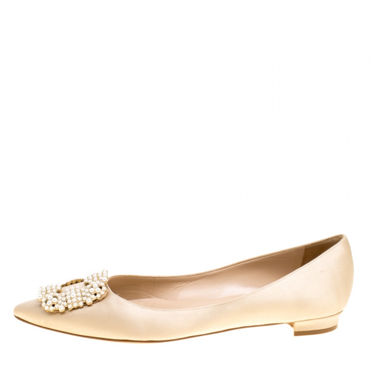 Pre Owned Manolo Blahnik Beige Satin Hangisi Ballet Flats Size 38