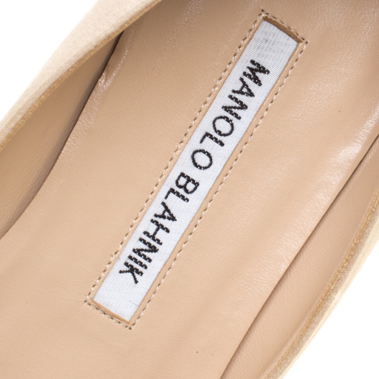 Pre Owned Manolo Blahnik Beige Satin Hangisi Ballet Flats Size 38