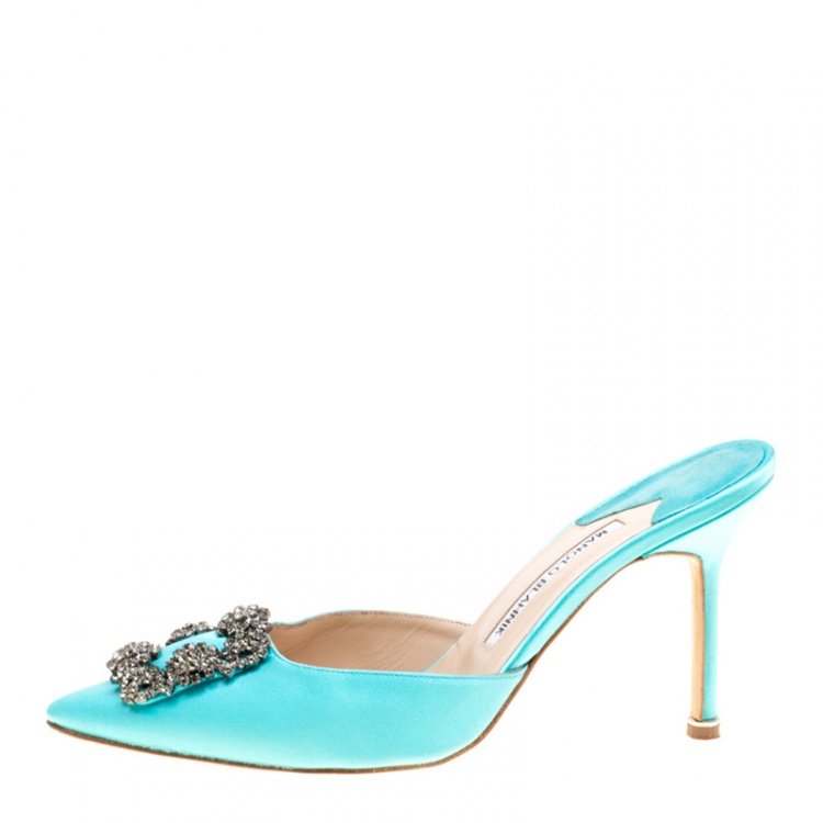 Pre Owned Manolo Blahnik Cyan Blue Satin Hangisi Pointed Toe Mules Size 38