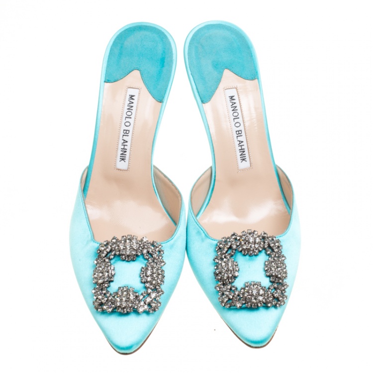 Pre Owned Manolo Blahnik Cyan Blue Satin Hangisi Pointed Toe Mules Size 38