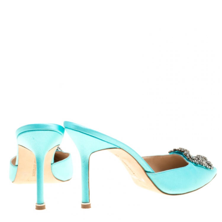 Pre Owned Manolo Blahnik Cyan Blue Satin Hangisi Pointed Toe Mules Size 38