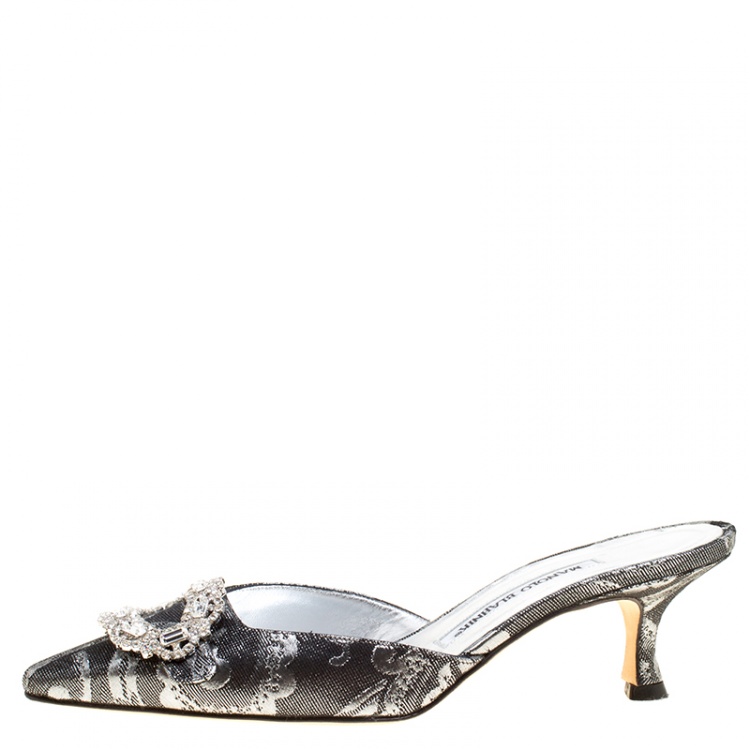 Pre Owned Manolo Blahnik Metallic Black/Silver Brocade Fabric Crystal Embellished Pointed Toe Mules Size 36.5