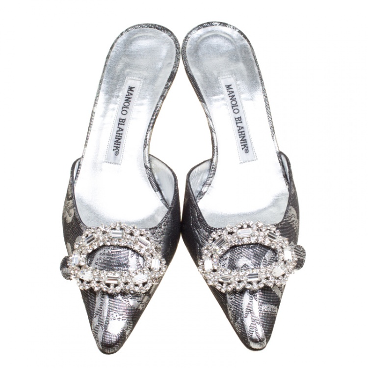 Pre Owned Manolo Blahnik Metallic Black/Silver Brocade Fabric Crystal Embellished Pointed Toe Mules Size 36.5