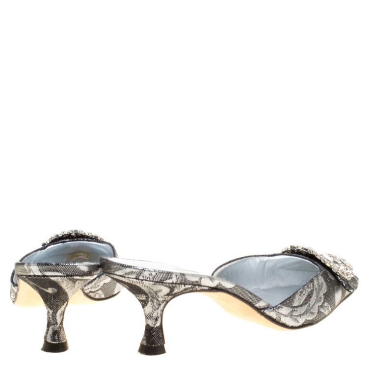 Pre Owned Manolo Blahnik Metallic Black/Silver Brocade Fabric Crystal Embellished Pointed Toe Mules Size 36.5