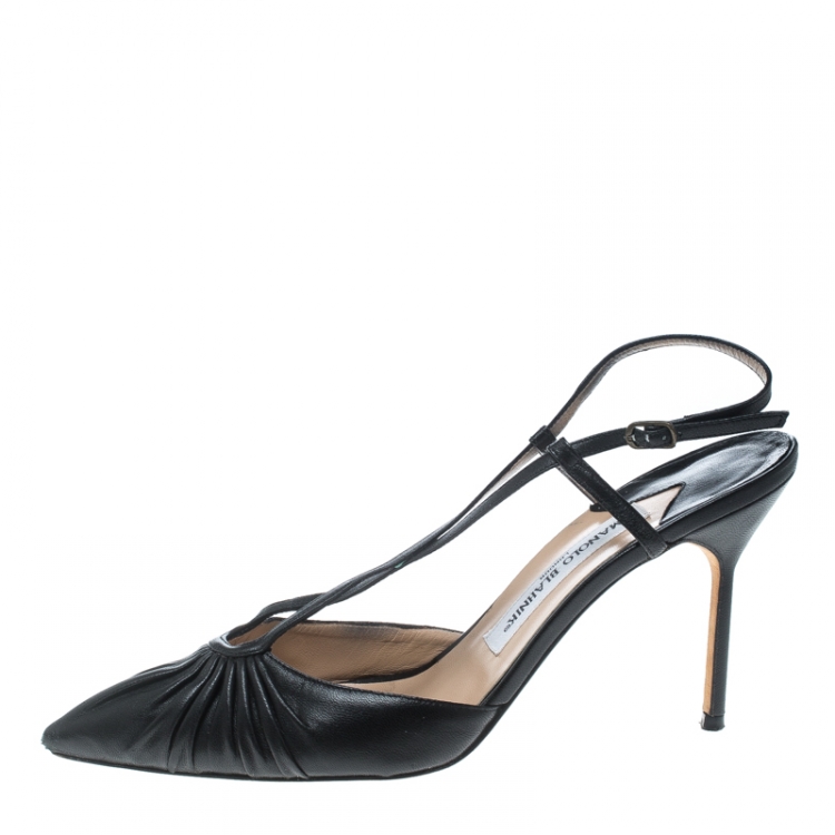Pre Owned Manolo Blahnik Black Leather Pleat Detail Cross Strap Sandals Size 39