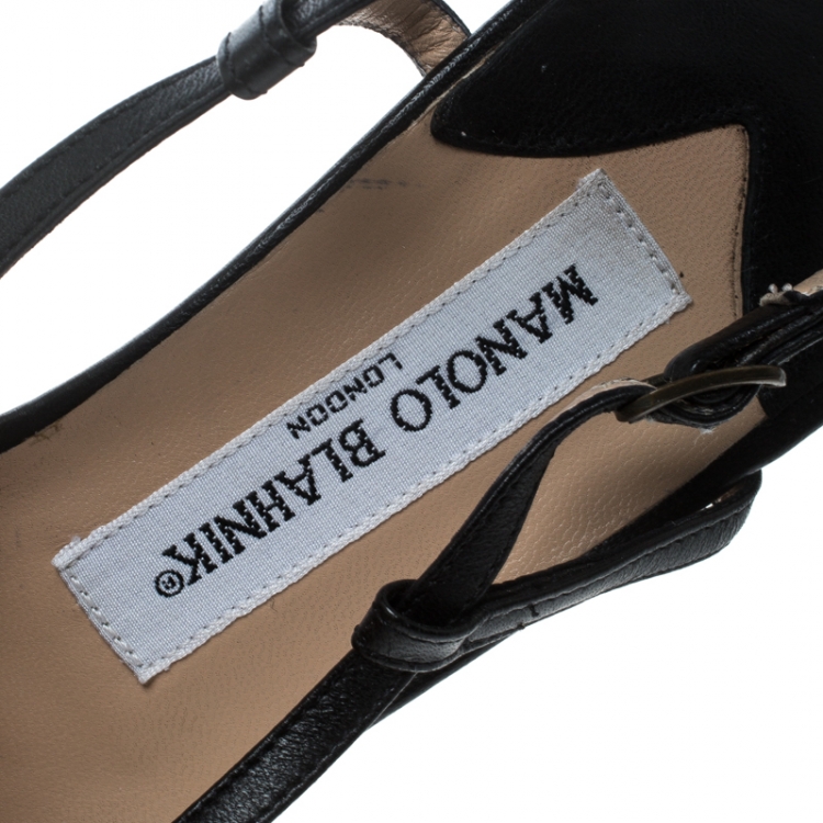 Pre Owned Manolo Blahnik Black Leather Pleat Detail Cross Strap Sandals Size 39