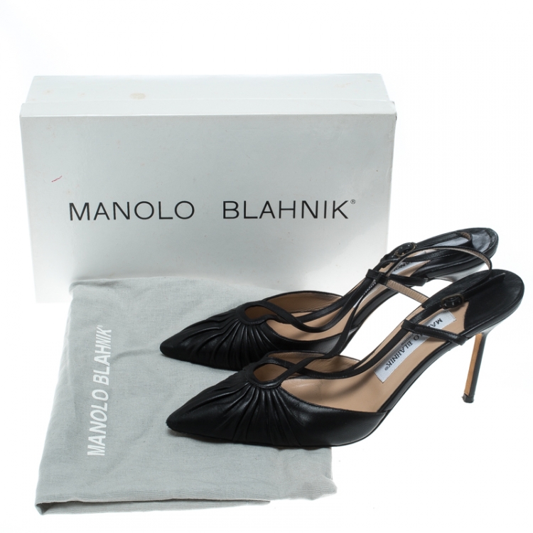 Pre Owned Manolo Blahnik Black Leather Pleat Detail Cross Strap Sandals Size 39