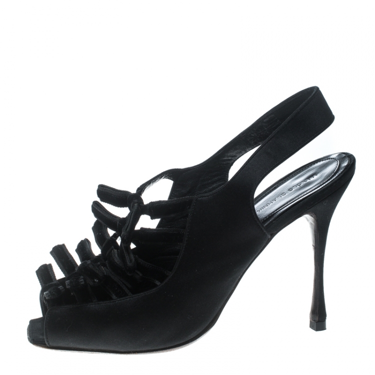 Pre Owned Manolo Blahnik Black Satin and Velvet Slingback Square Peep Toe Sandals Size 40