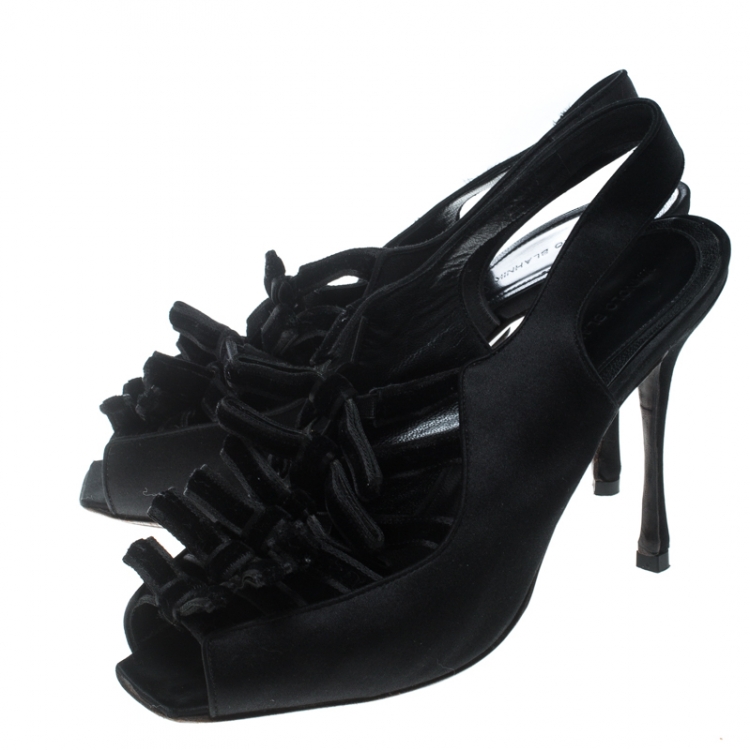 Pre Owned Manolo Blahnik Black Satin and Velvet Slingback Square Peep Toe Sandals Size 40