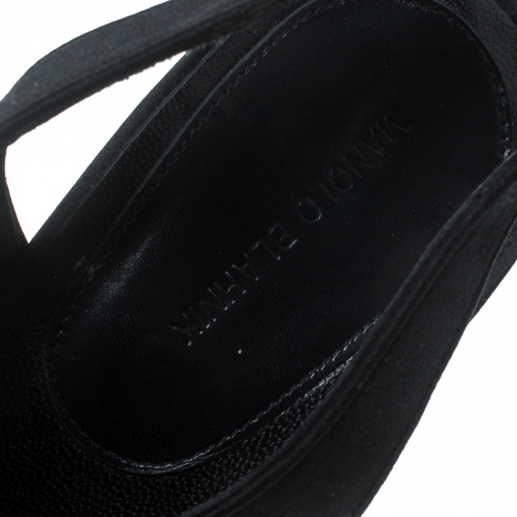 Pre Owned Manolo Blahnik Black Satin and Velvet Slingback Square Peep Toe Sandals Size 40