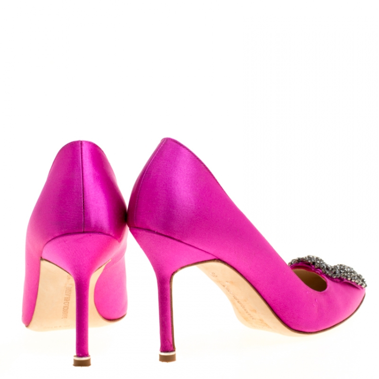 Pre Owned Manolo Blahnik Hot Pink Satin Hangisi Crystal Embellished Pumps Size 36