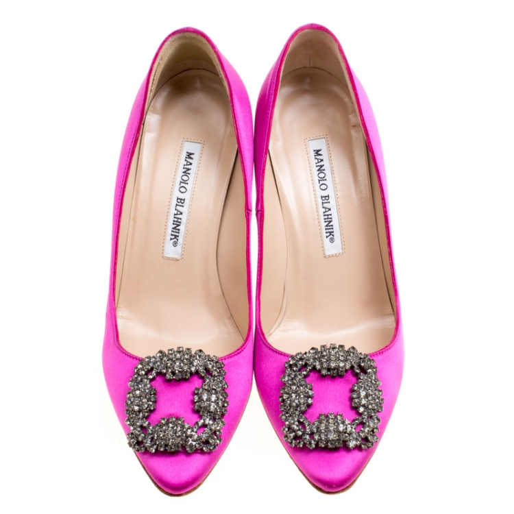 Pre Owned Manolo Blahnik Hot Pink Satin Hangisi Crystal Embellished Pumps Size 36