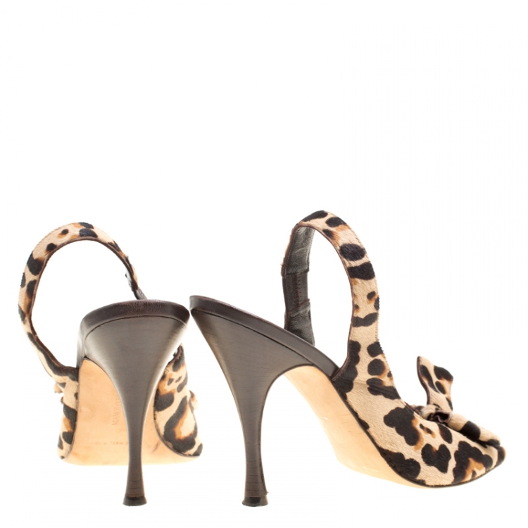 Pre Owned Manolo Blahnik Beige Pony Hair Bow Detail Slingback Sandals Size 39.5