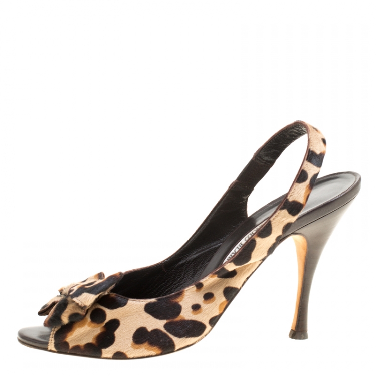 Pre Owned Manolo Blahnik Beige Pony Hair Bow Detail Slingback Sandals Size 39.5