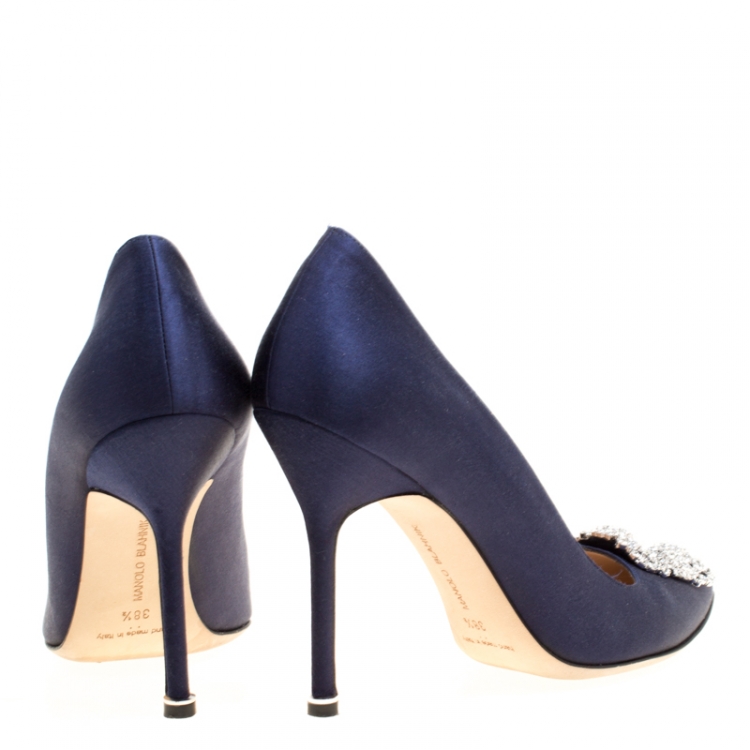 Pre Owned Manolo Blahnik Blue Satin Hangisi Crystal Embellished Pumps Size 38.5