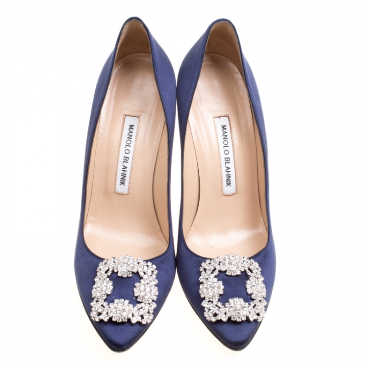 Pre Owned Manolo Blahnik Blue Satin Hangisi Crystal Embellished Pumps Size 38.5