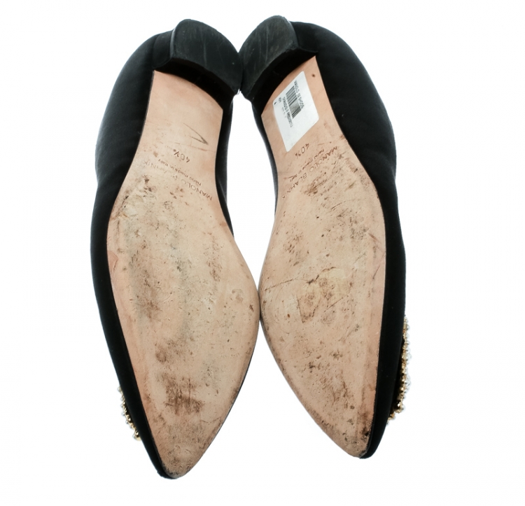 Pre Owned Manolo Blahnik Black Satin Hangisi Ballet Flats Size 40.5