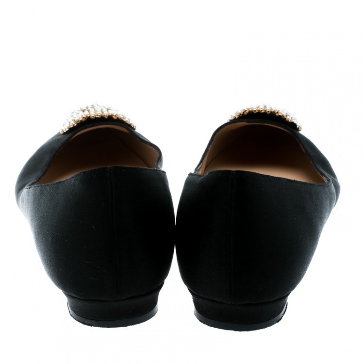 Pre Owned Manolo Blahnik Black Satin Hangisi Ballet Flats Size 40.5