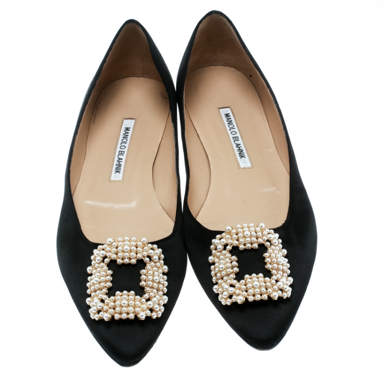 Pre Owned Manolo Blahnik Black Satin Hangisi Ballet Flats Size 40.5