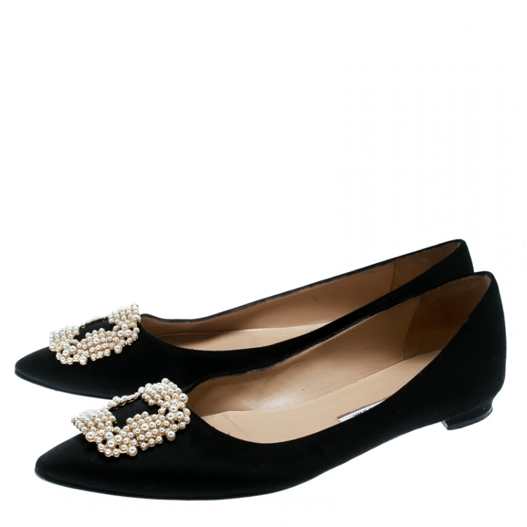 Pre Owned Manolo Blahnik Black Satin Hangisi Ballet Flats Size 40.5