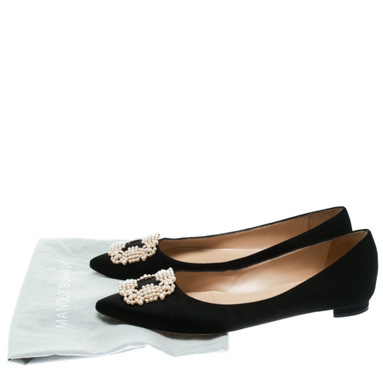 Pre Owned Manolo Blahnik Black Satin Hangisi Ballet Flats Size 40.5