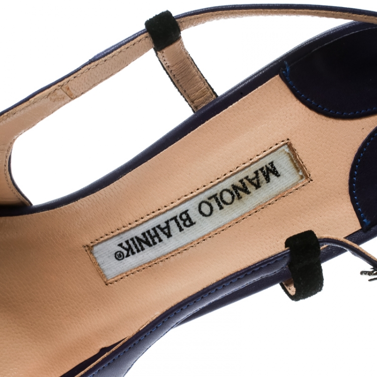مملوكة مسبقً�ا Manolo Blahnik Blue Leather and Black Suede Cap Toe Barrie Spectator Slingback Sandals Size 39.5
