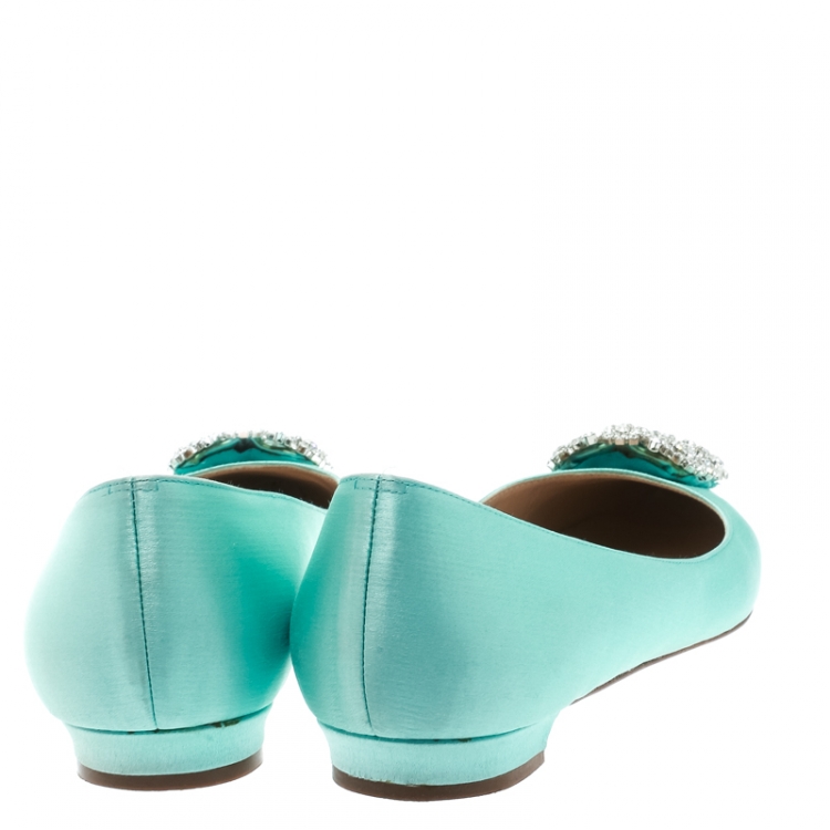 Pre Owned Manolo Blahnik Turquoise Satin Hangisi Ballet Flats Size 38