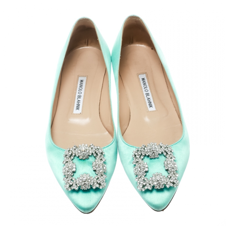 Pre Owned Manolo Blahnik Turquoise Satin Hangisi Ballet Flats Size 38
