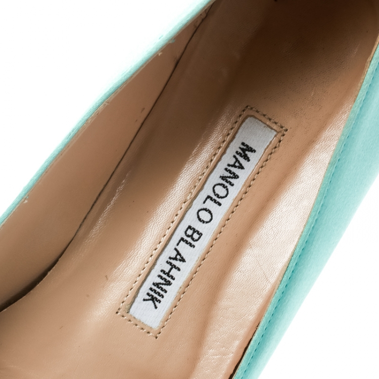 Pre Owned Manolo Blahnik Turquoise Satin Hangisi Ballet Flats Size 38