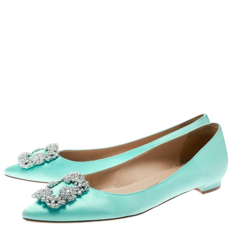 Pre Owned Manolo Blahnik Turquoise Satin Hangisi Ballet Flats Size 38