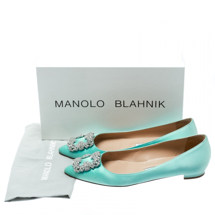 Pre Owned Manolo Blahnik Turquoise Satin Hangisi Ballet Flats Size 38