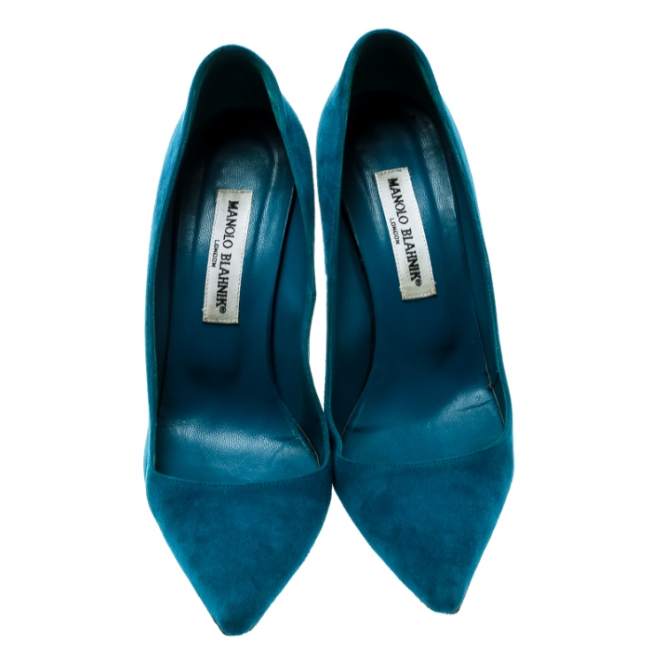 Pre Owned Manolo Blahnik Blue Suede BB Pointed Toe Pumps Size 37.5