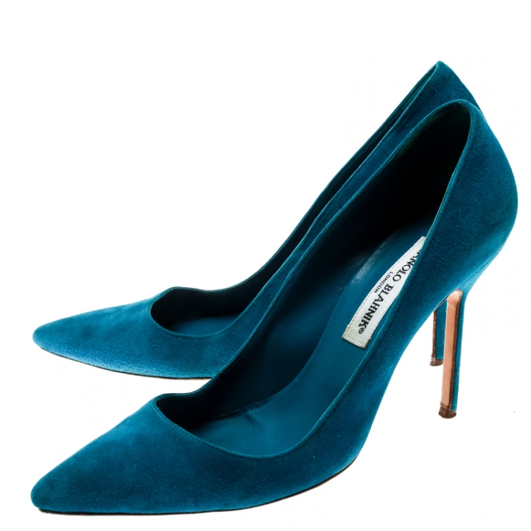 Pre Owned Manolo Blahnik Blue Suede BB Pointed Toe Pumps Size 37.5