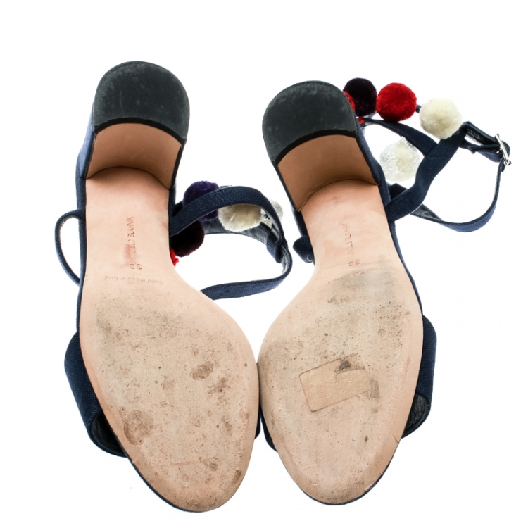 Pre Owned Manolo Blahnik Blue Canvas Pompom Ankle Strap Sandals Size 38