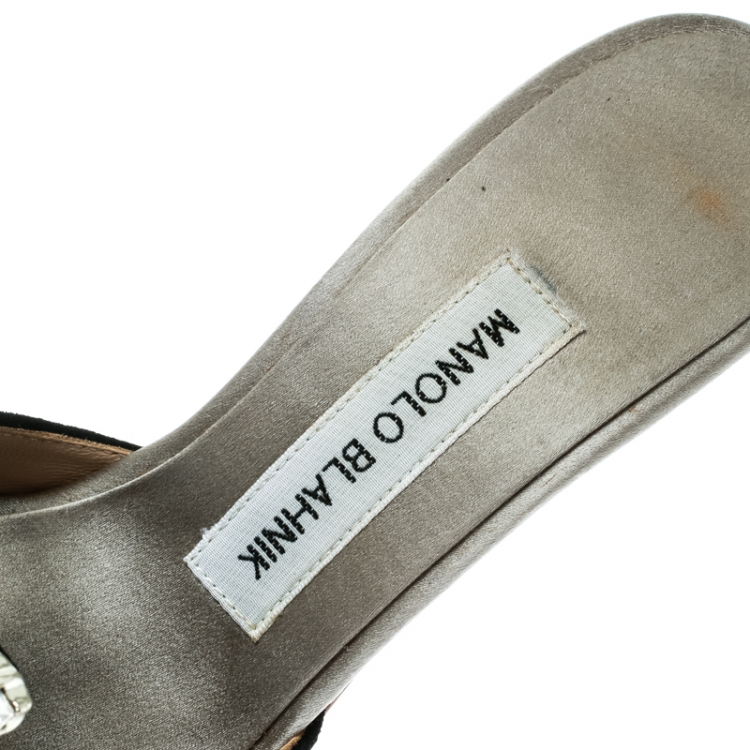 Pre Owned  Manolo Blahnik Grey Satin and Black Laser Cut Suede Borli Crystal Embellished Mules Size 36