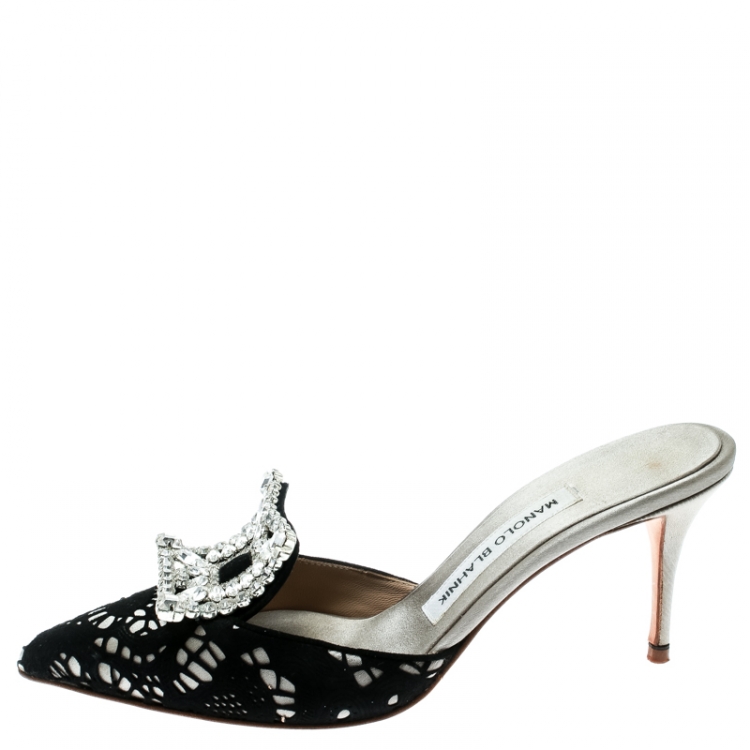 Pre Owned  Manolo Blahnik Grey Satin and Black Laser Cut Suede Borli Crystal Embellished Mules Size 36