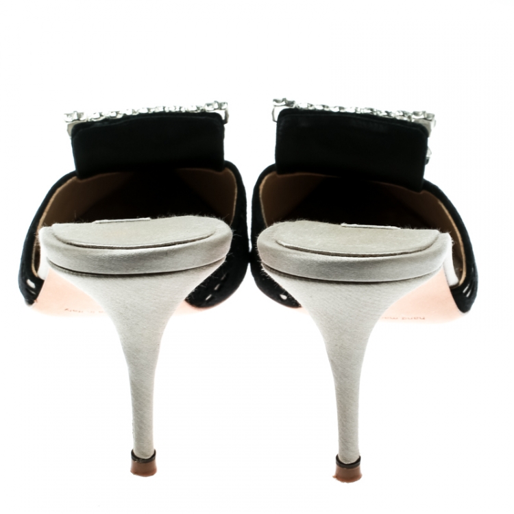 Pre Owned  Manolo Blahnik Grey Satin and Black Laser Cut Suede Borli Crystal Embellished Mules Size 36