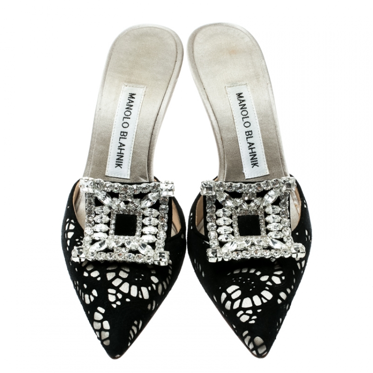 Pre Owned  Manolo Blahnik Grey Satin and Black Laser Cut Suede Borli Crystal Embellished Mules Size 36
