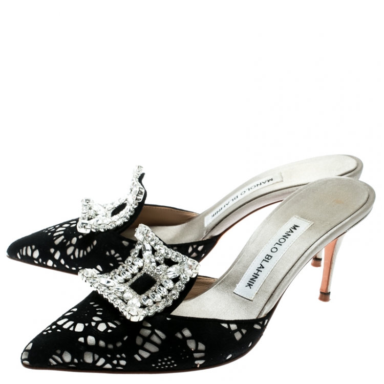 Pre Owned  Manolo Blahnik Grey Satin and Black Laser Cut Suede Borli Crystal Embellished Mules Size 36