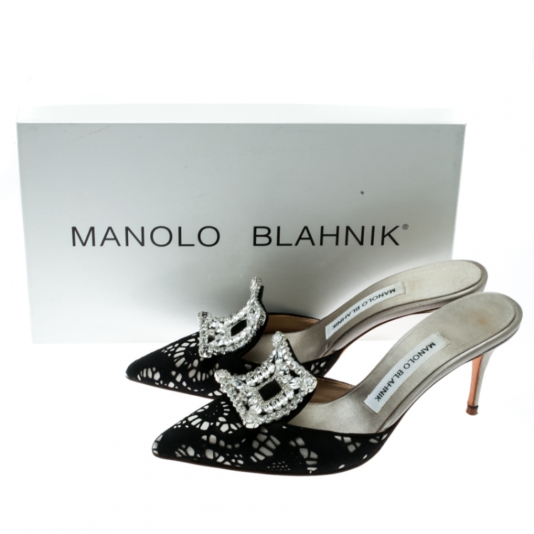 Pre Owned  Manolo Blahnik Grey Satin and Black Laser Cut Suede Borli Crystal Embellished Mules Size 36