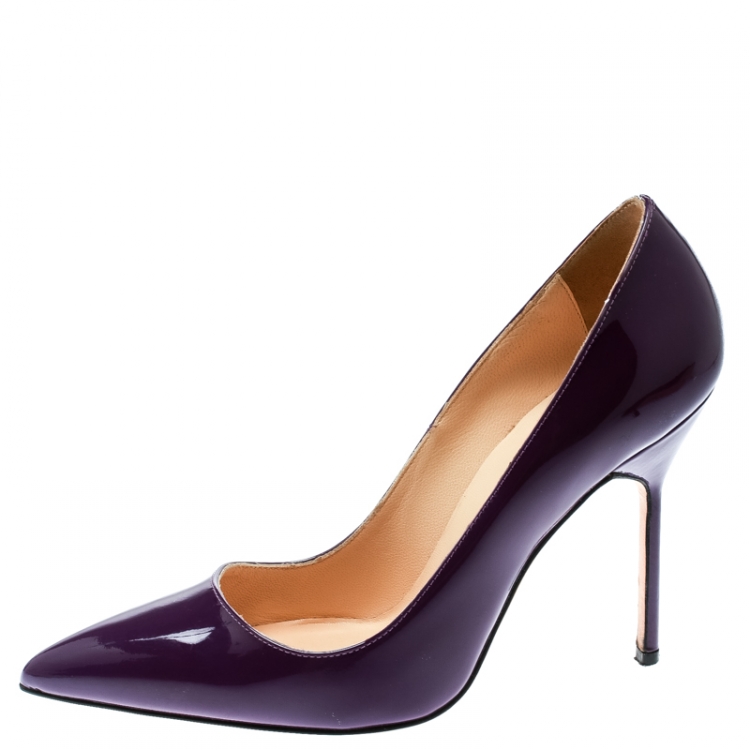 Pre Owned Manolo Blahnik Purple Patent Leather BB Pointed Toe Pumps Size 36.5