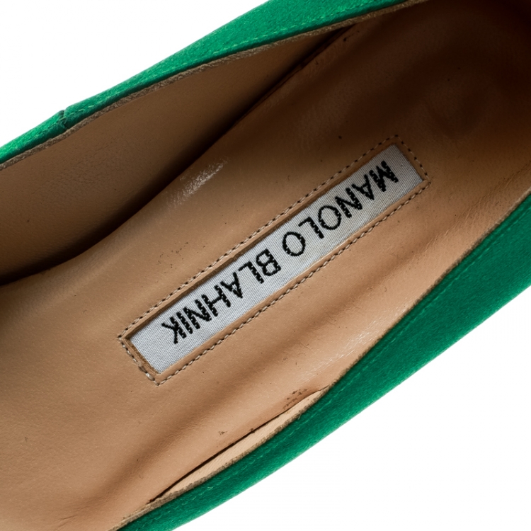 Pre Owned Manolo Blahnik Green Satin Giuba Brooch Embellished Pumps Size 36