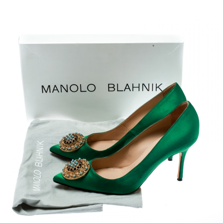 Pre Owned Manolo Blahnik Green Satin Giuba Brooch Embellished Pumps Size 36